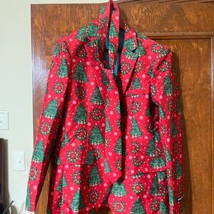 Mens Festive Red Christmas Tree  Blazer, tie and pants